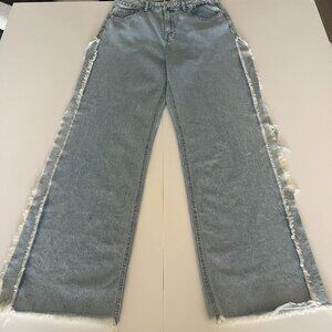 PrettyLittleThing Jeans High Waist Light Wash Side Open Slit Sz 10 Frayed Biker